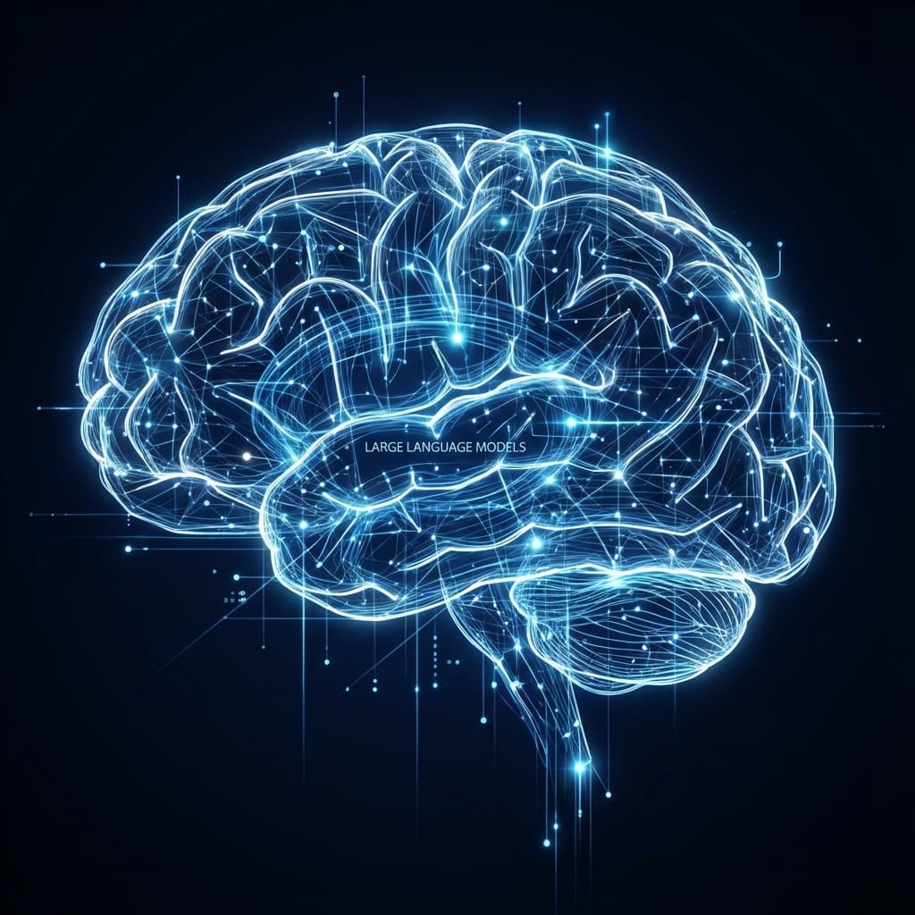 Wireframe illustration of a brain labelled large language models